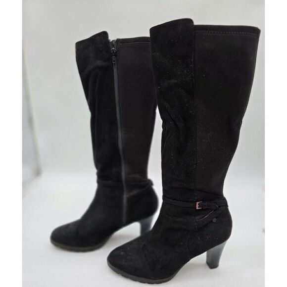 Black Knee-High High Heel Boots With Zipper & Buckle Accent Womens Size 8.5 - Picture 1 of 9